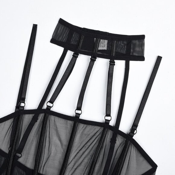 Black See-through Longline Bra Set Women Lingerie Set Black Mesh - Picture 7 of 11